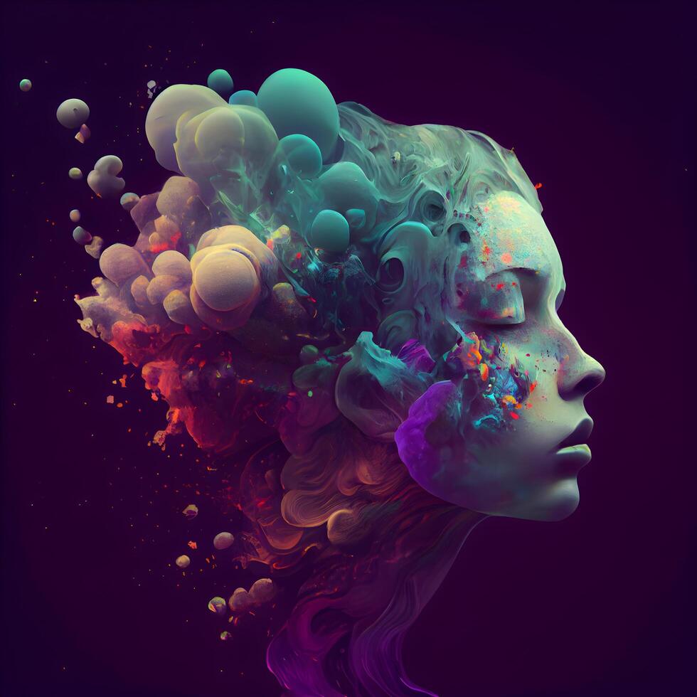 3d illustration of a beautiful woman with colorful hair and smoke., Image photo