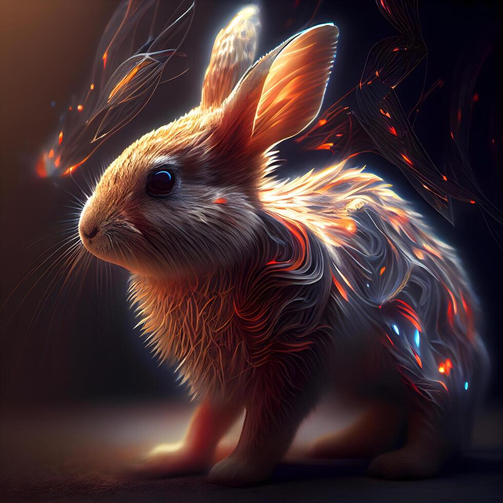 Rabbit with fire on a black background. 3d rendering., Image photo