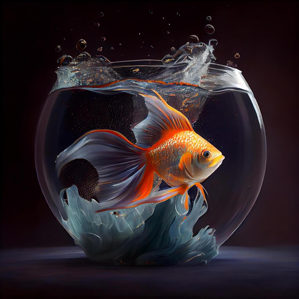 Goldfish in a round glass aquarium with water splash. 3d rendering, Image photo