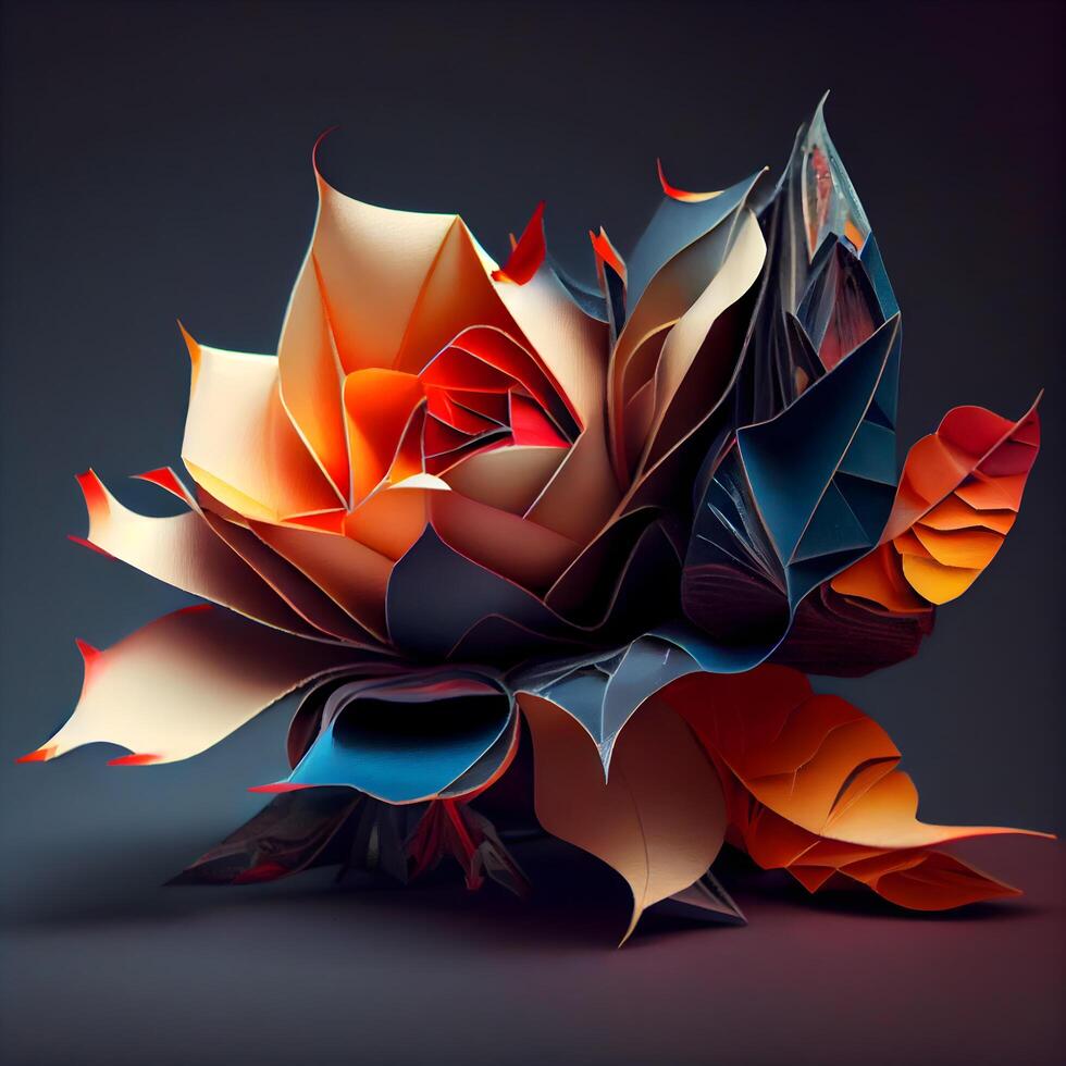 Abstract origami flower on dark background. 3d render illustration., Image photo