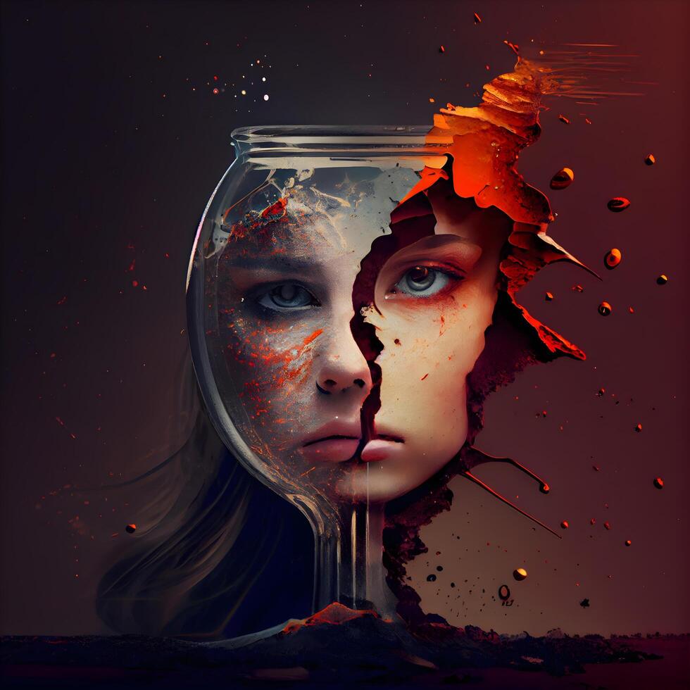 Young woman in a glass vase with blood splatter on her face, Image photo