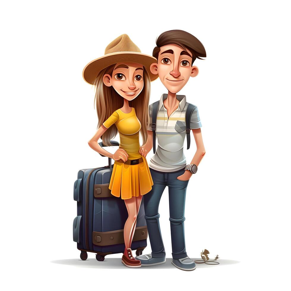 Pareja de turistas con un mochila en un blanco antecedentes. 3d representación., ai generativo imagen foto