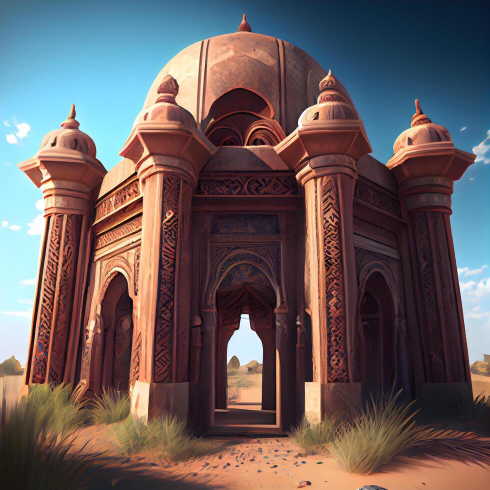 Mosque in the desert, 3d render, digital illustration., Image photo