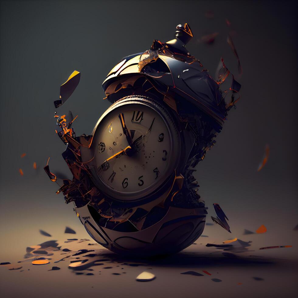 3d rendering of an old clock broken into pieces on a dark background, Image photo