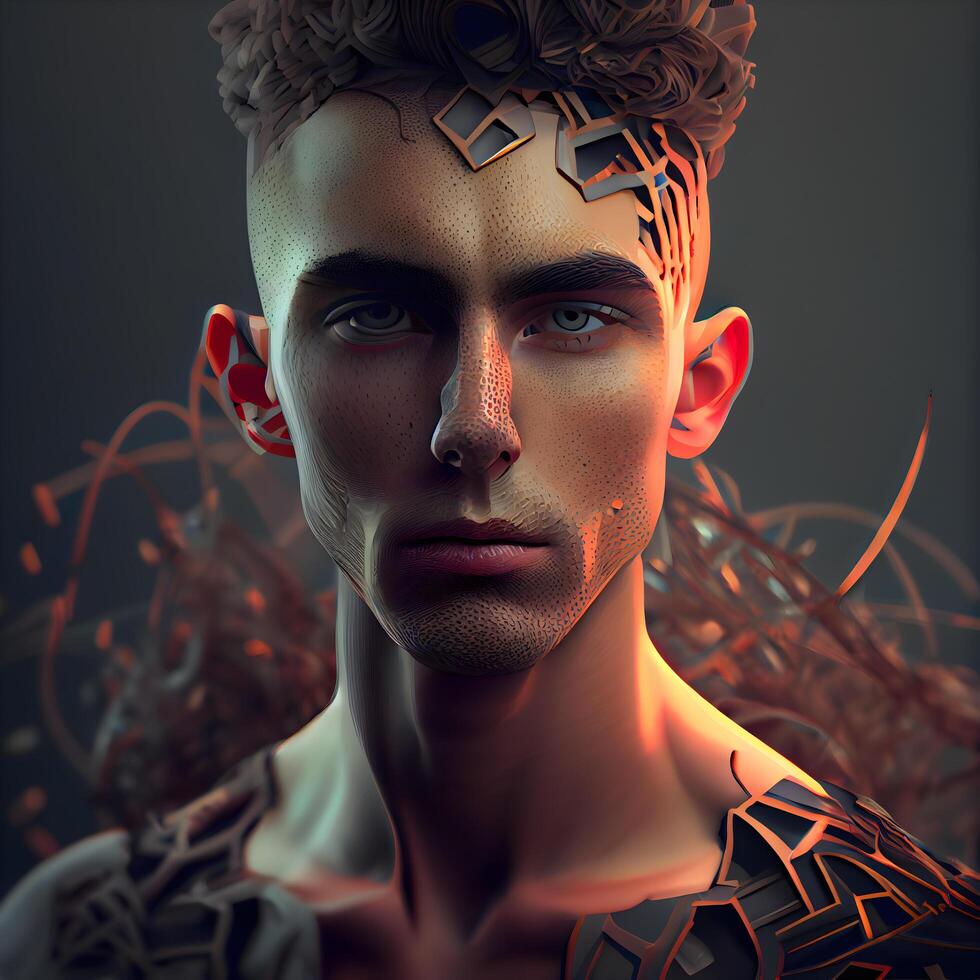 3d rendering of a male robot with futuristic hairstyle and skin, Image photo