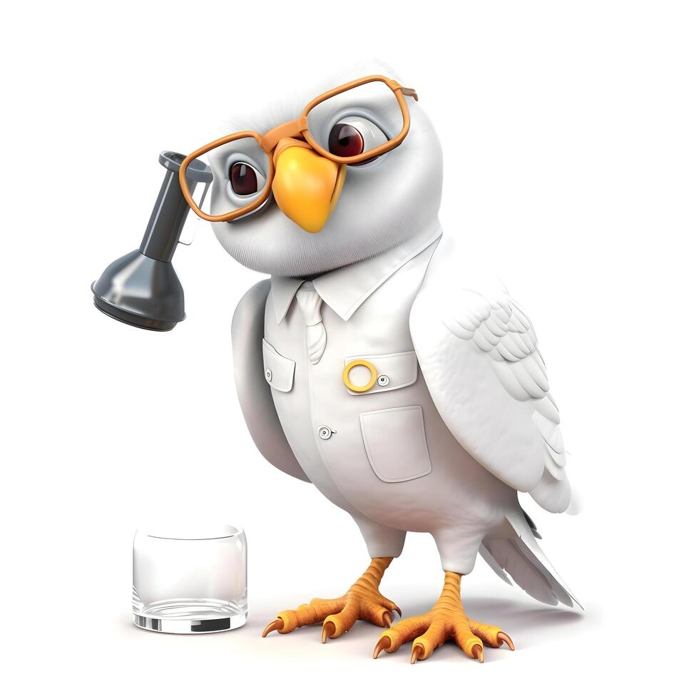 blanco búho personaje con lentes y un vaso de whisky en un blanco fondo, ai generativo imagen foto