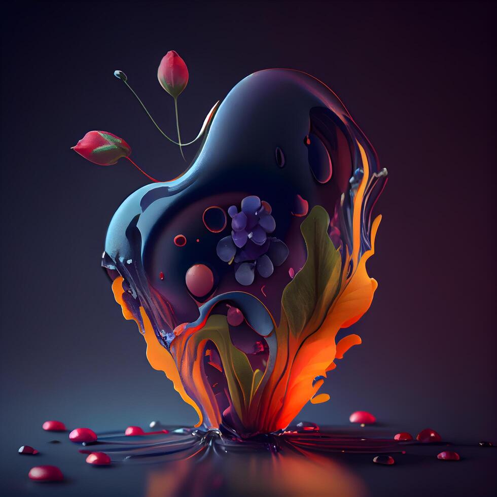 3d illustration of a black heart with leaves and berries on a dark background, Image photo