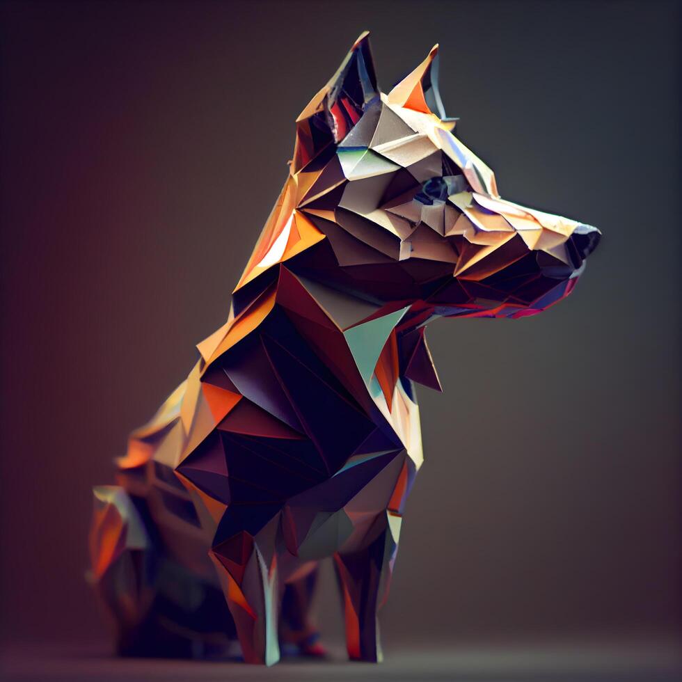 resumen poligonal perro en oscuro antecedentes. 3d hacer ilustración, ai generativo imagen foto