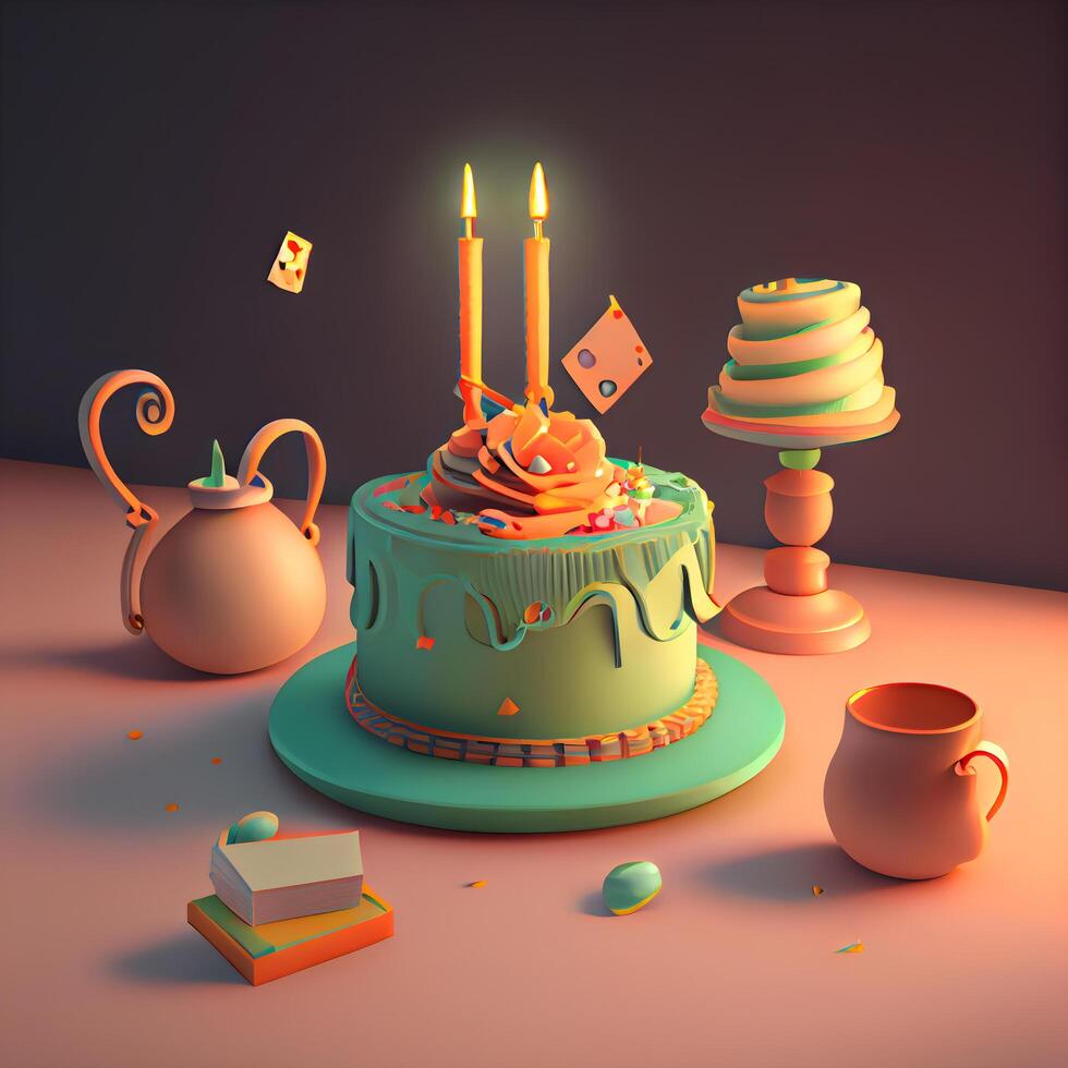 Birthday cake with candles and candies. 3d illustration., Image photo