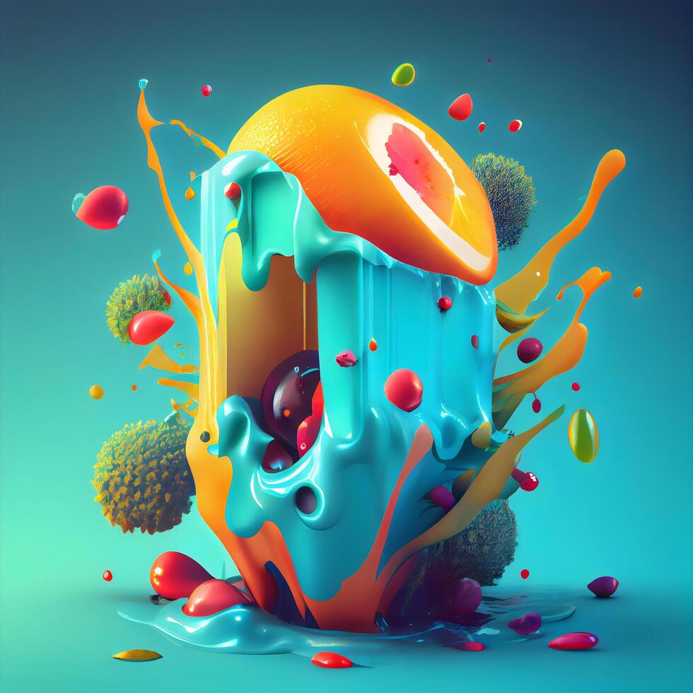 Fruit juice splashing out of orange. 3d illustration., Image photo