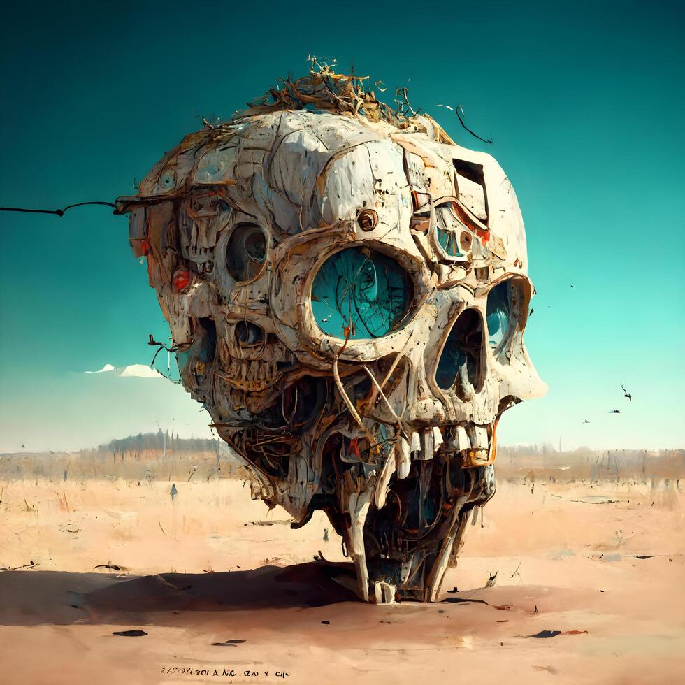Fantasy alien skull in the desert. 3D rendering and illustration., Image photo