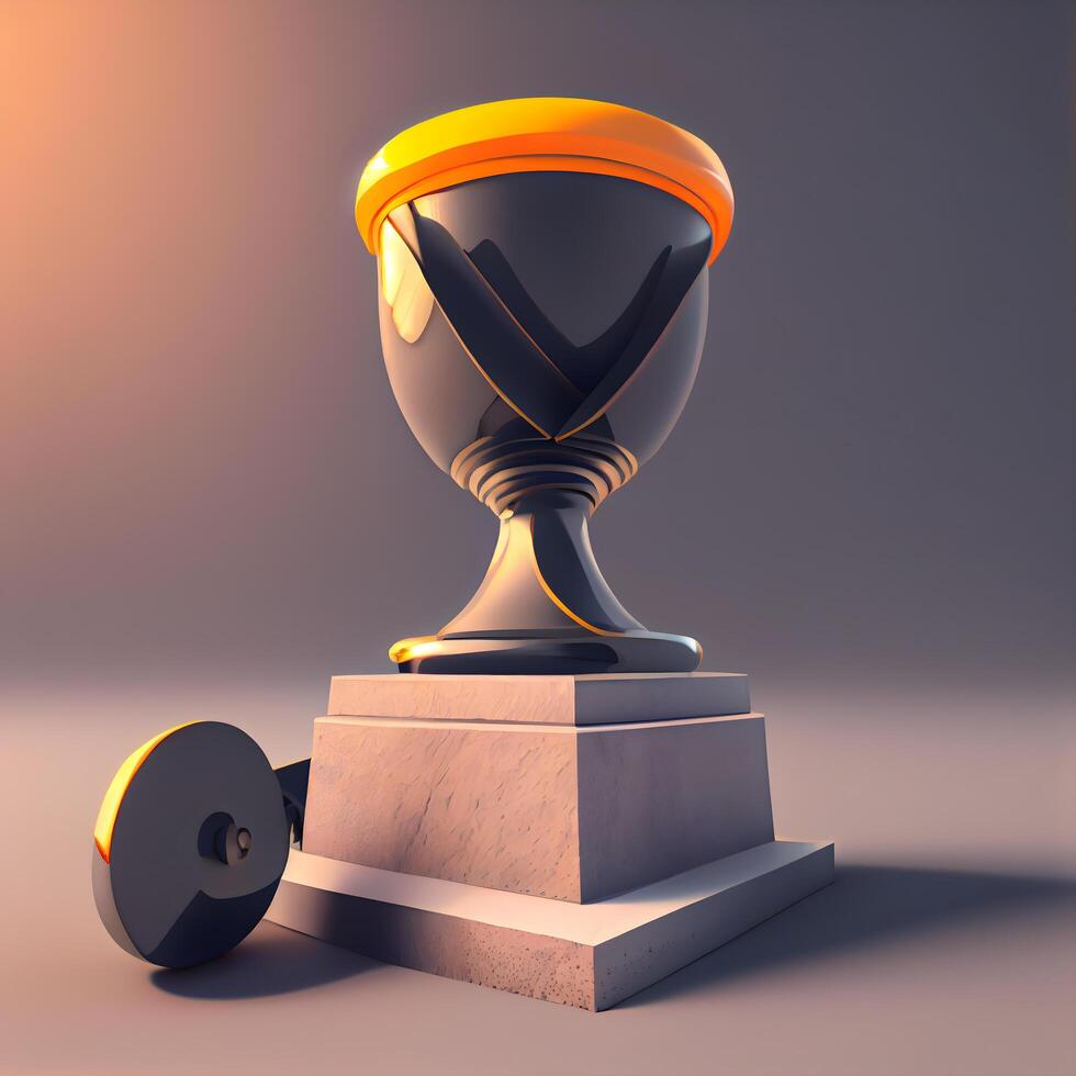 Trophy cup on pedestal. 3D illustration. Retro style., Image photo