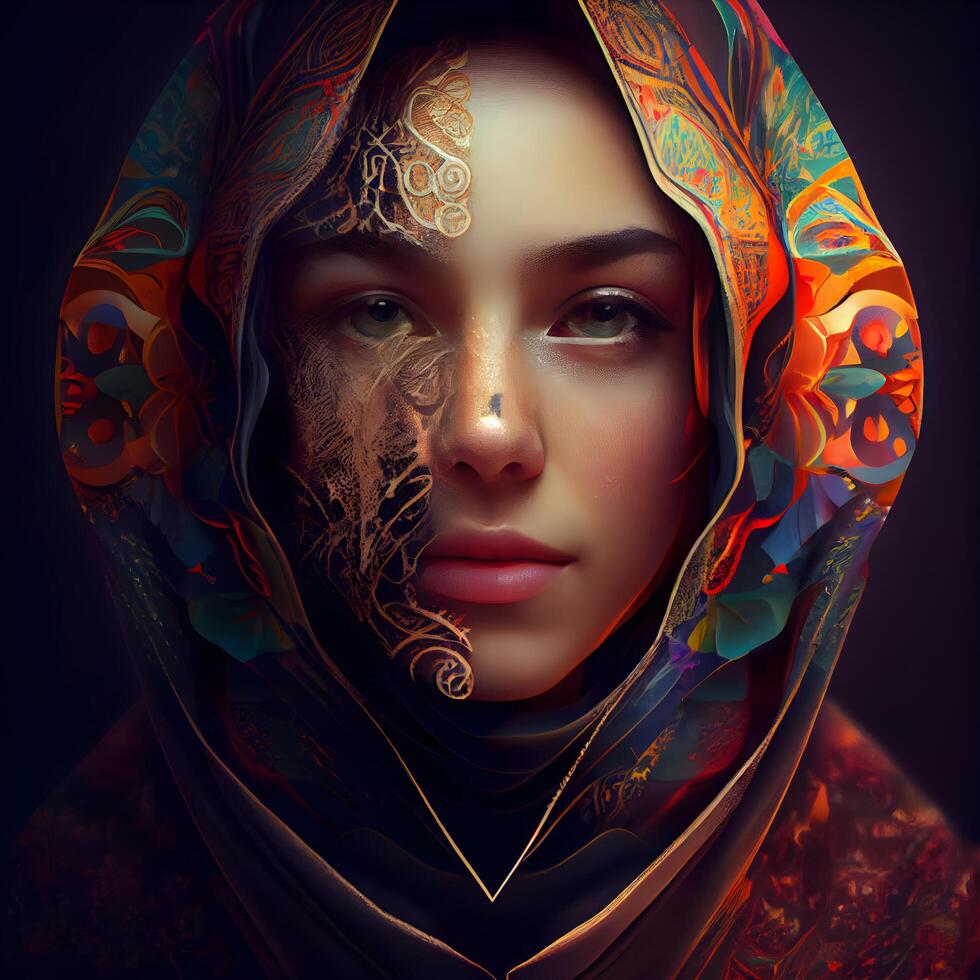 Portrait of a beautiful girl with oriental pattern on her face., Image photo