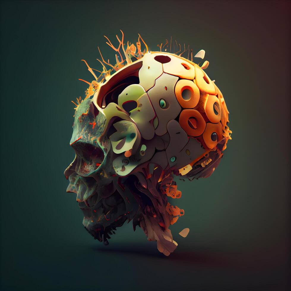 3d rendering of an alien skull with blood cells isolated on dark background, Image photo