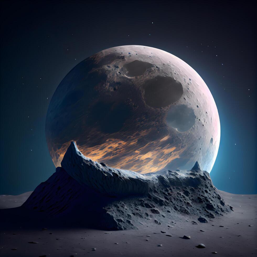 Fantasy alien planet. Mountain. 3D illustration. Moon., Image photo