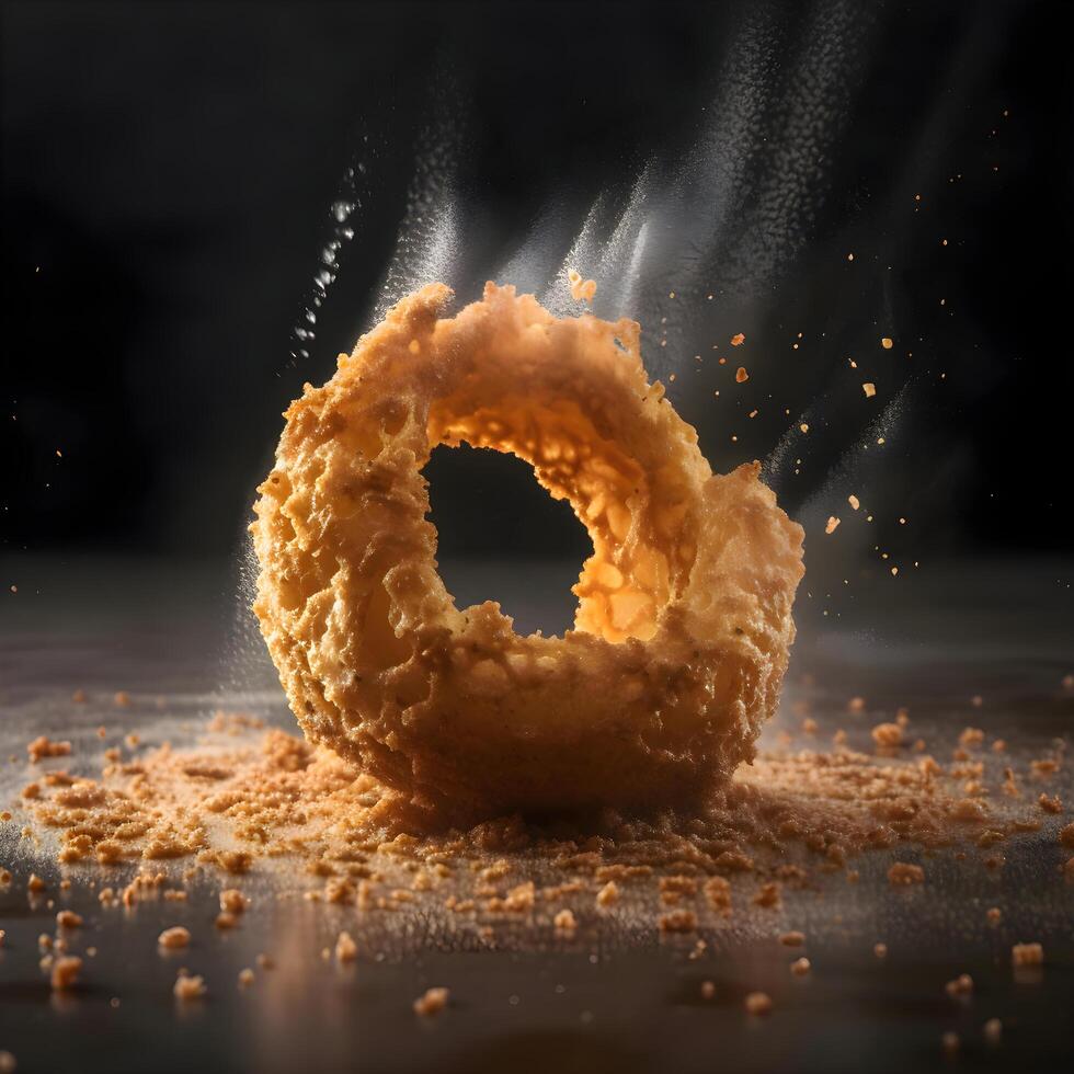 Fried onion rings with drops of water on a black background., Image photo