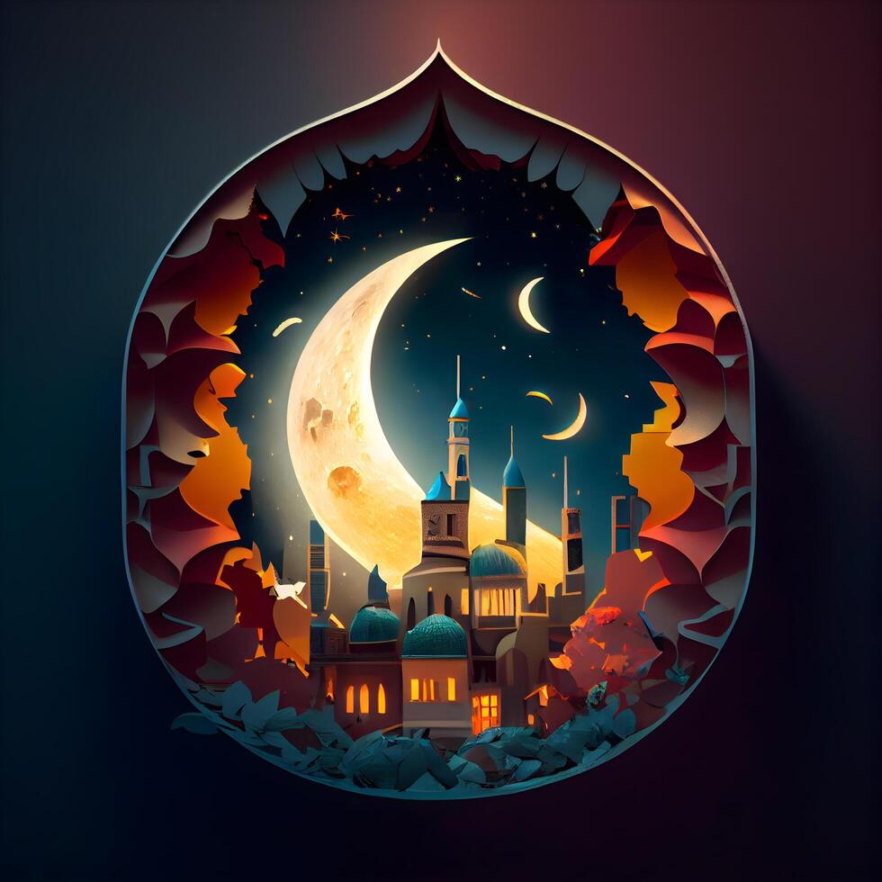 Ramadan Kareem greeting card with mosque and crescent moon. illustration, Image photo