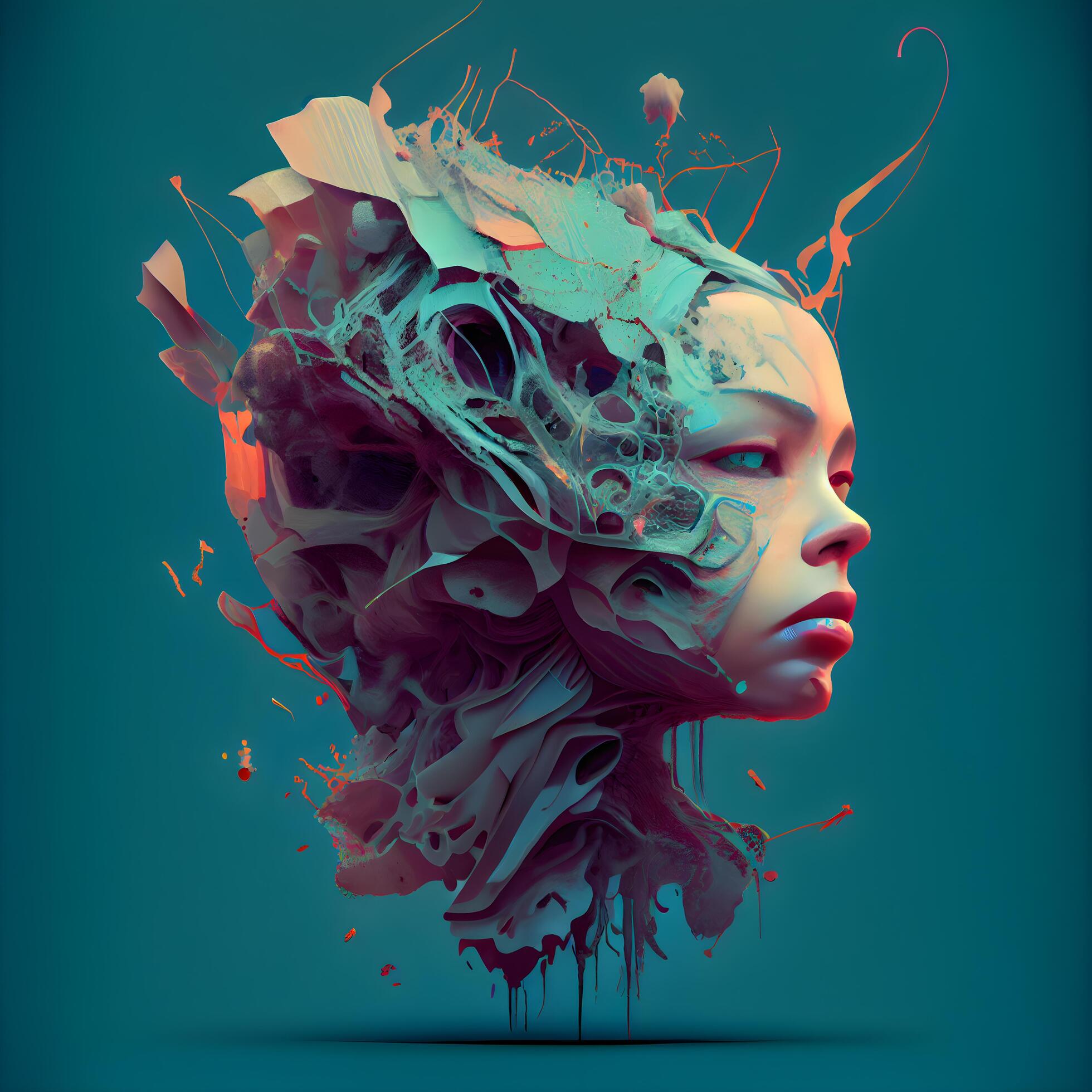 Fashion art portrait of a beautiful woman with abstract hair. 3d