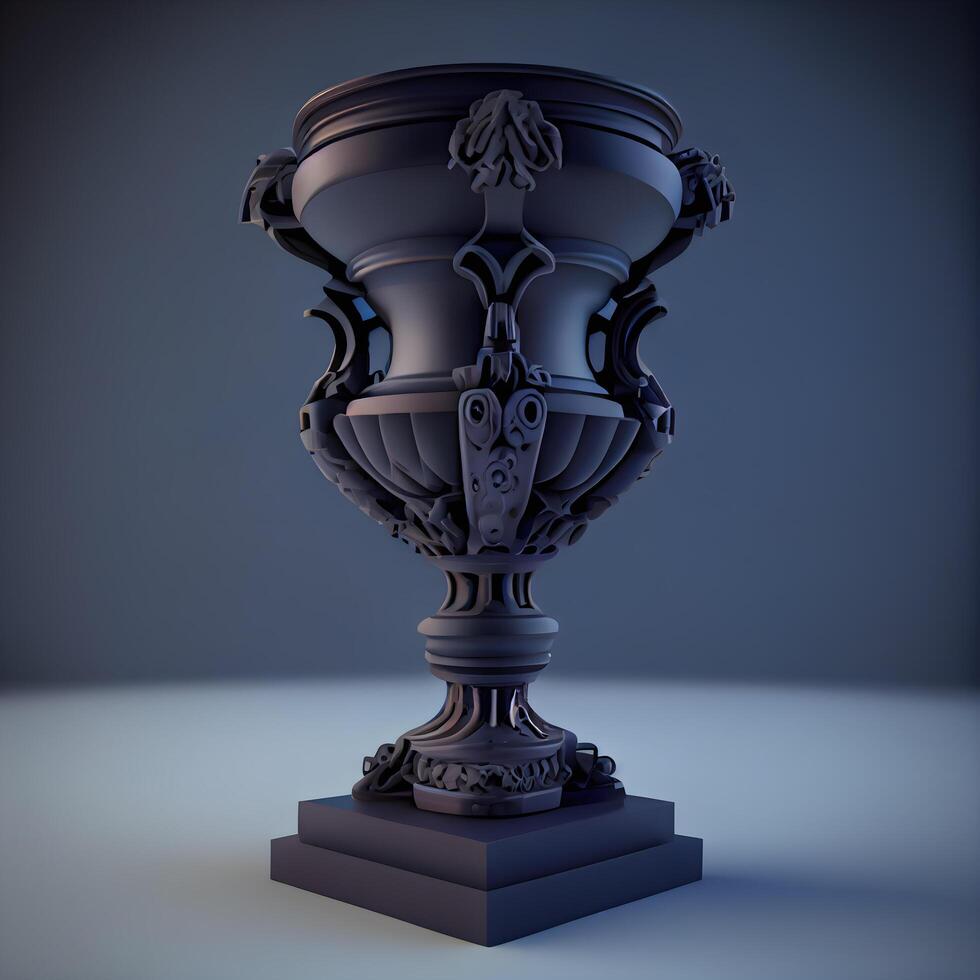 trofeo taza en un azul antecedentes. 3d hacer ilustración., ai generativo imagen foto