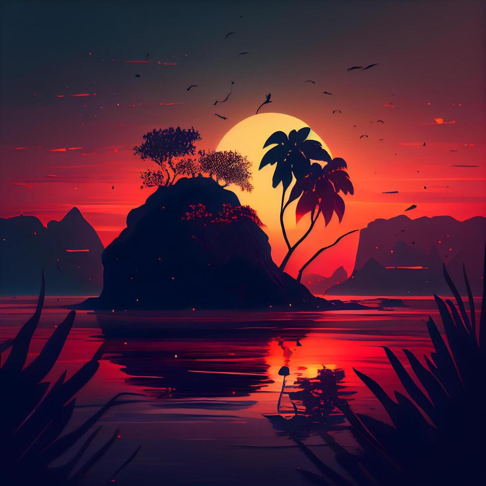 Silhouette of a tropical island at sunset. illustration., Image photo