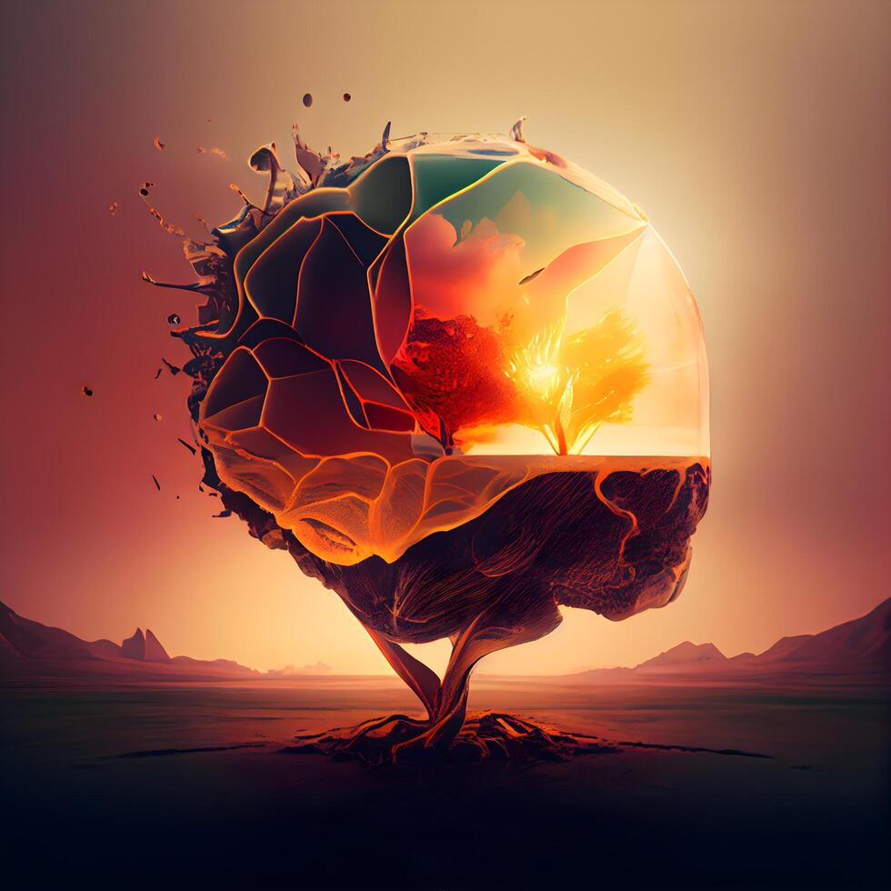 3D illustration of a tree with flowers in the form of a planet, Image photo