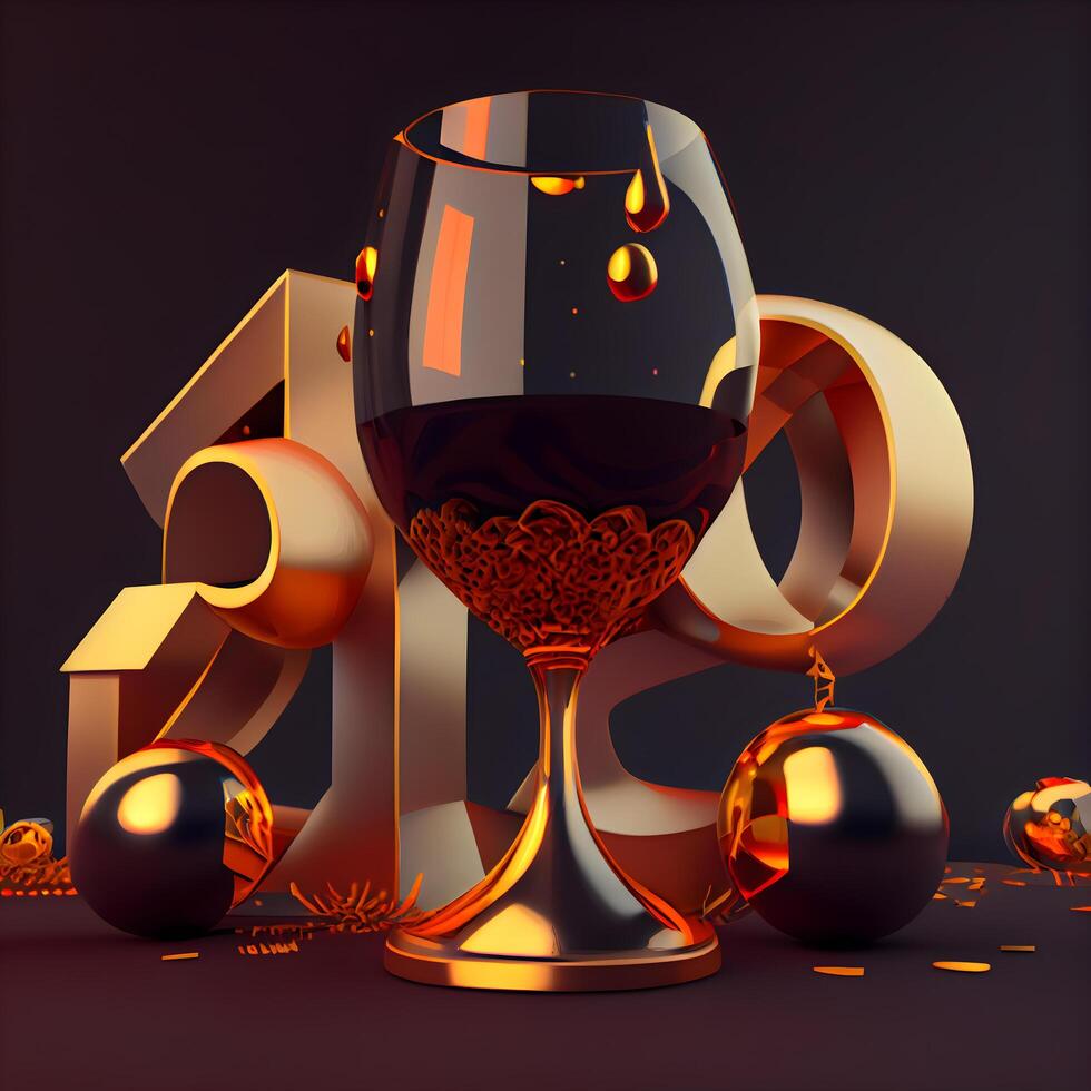 Happy New Year 2021. Festive background with a glass of wine, Christmas balls and numbers. illustration., Image photo