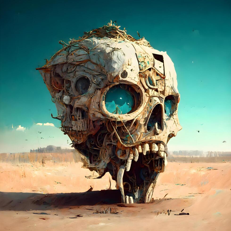 Fantasy alien skull in the desert. Collage. 3d rendering, Image photo