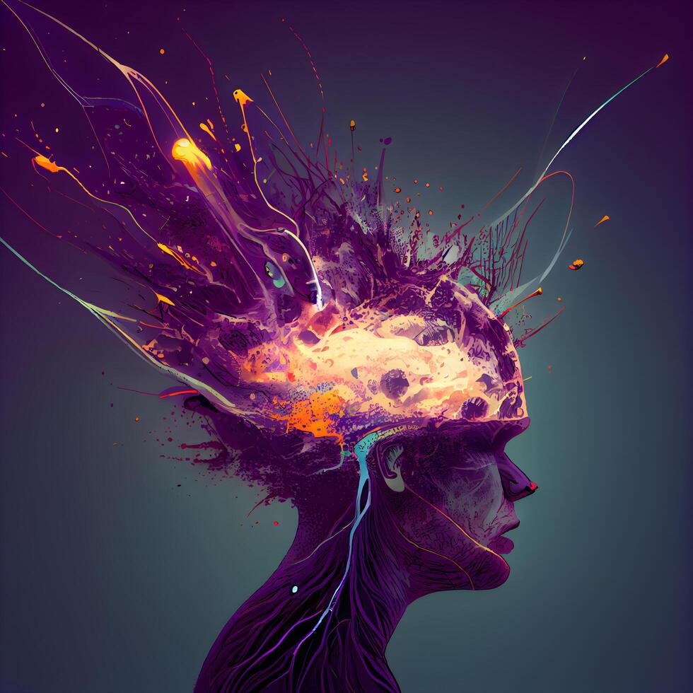 3D illustration of a female head with a brain in the form of an explosion, Image photo