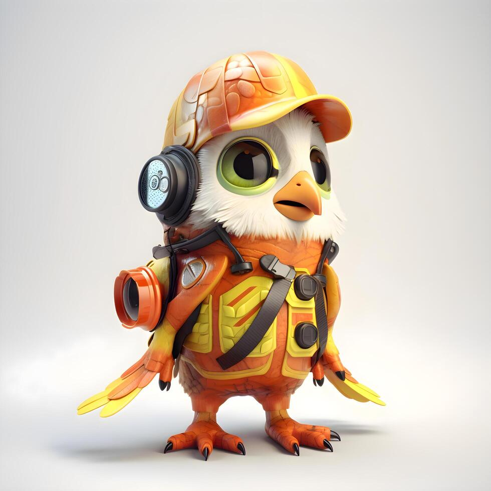 3D rendering of a cute little baby chicken wearing a fire helmet, Image photo