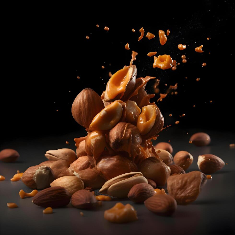 Falling walnuts on a dark background with a lot of seeds, Image photo