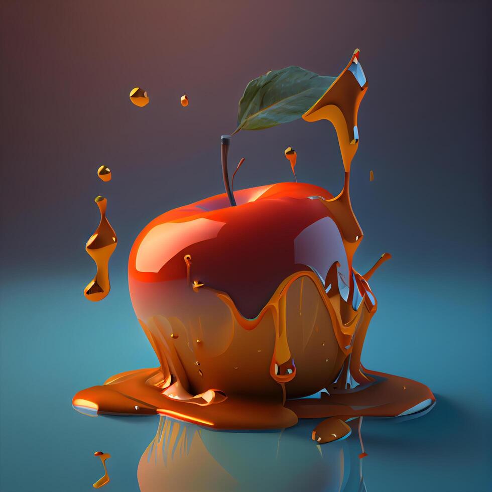 3d ilustración de rojo manzana con gotas de caramelo terminado oscuro fondo, ai generativo imagen foto