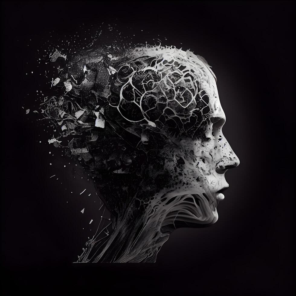 3d representación de humano cabeza hecho de salpicaduras en negro fondo, ai generativo imagen foto
