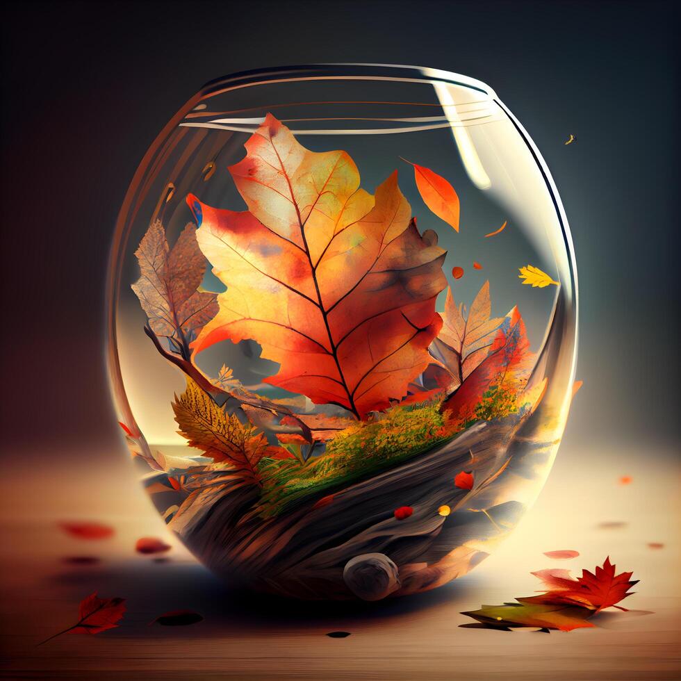 Autumn leaves in a glass vase. 3d illustration., Image photo