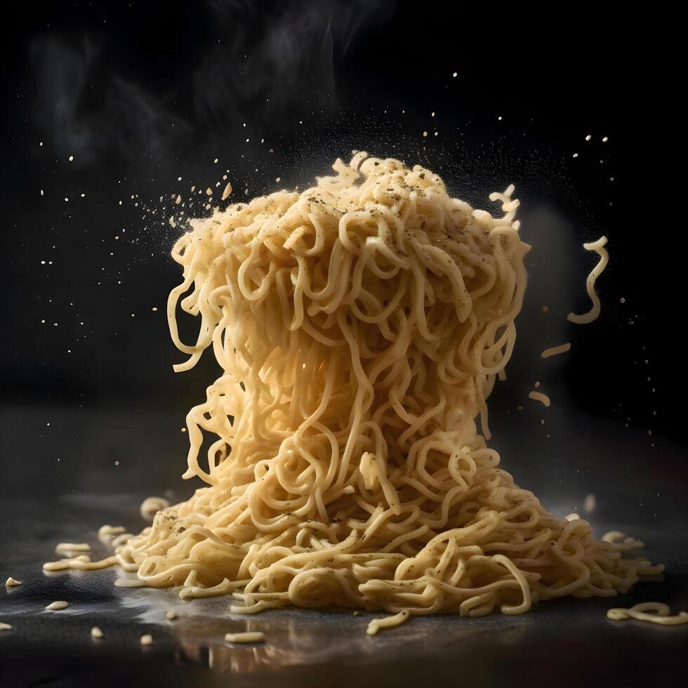Instant noodles in water with splashes on black background, closeup, Image photo