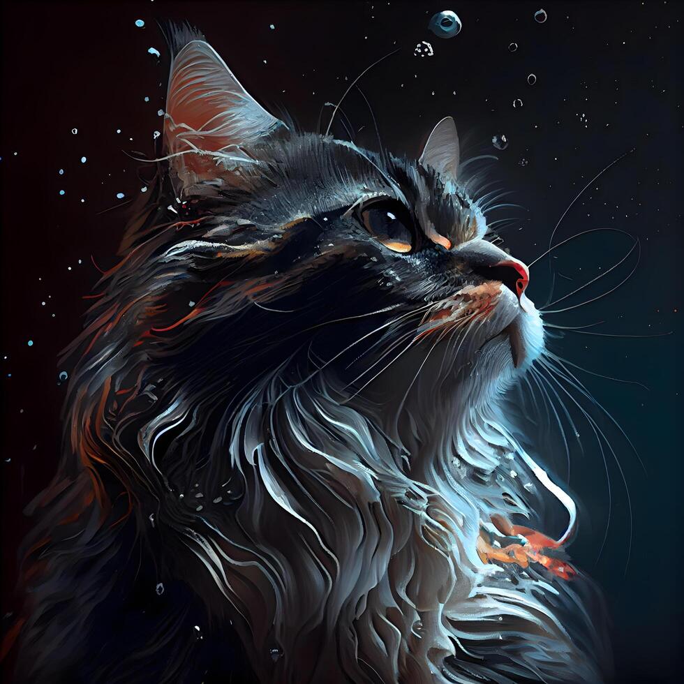 Digital painting of a black cat with water drops on a black background, Image photo