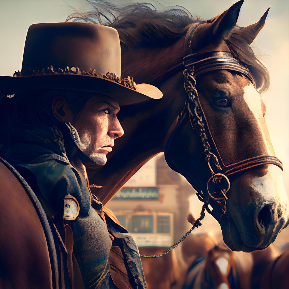 Cowboy in a hat with a horse on the background of the city, Image photo