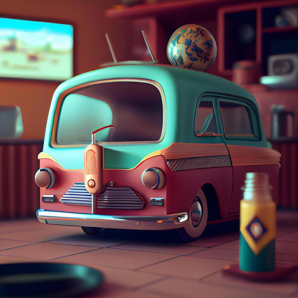 3d illustration of a retro car in the interior of the house, Image photo