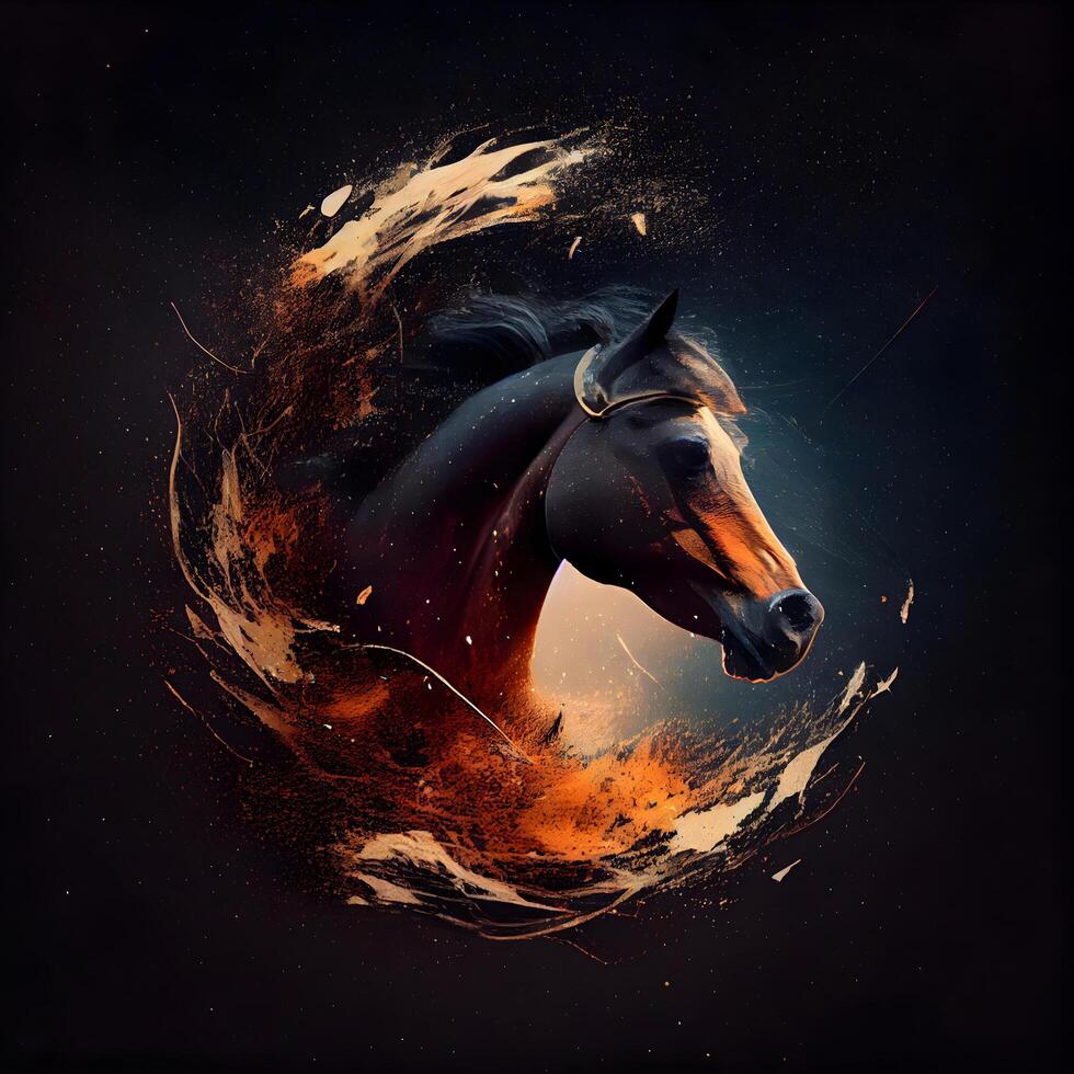 Horse head with grunge splashes of paint on dark background, Image photo