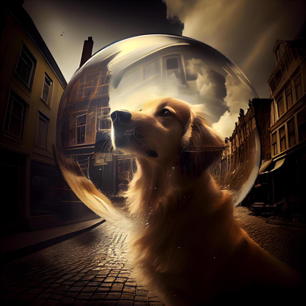 Golden retriever inside a crystal ball with a city in the background, Image photo