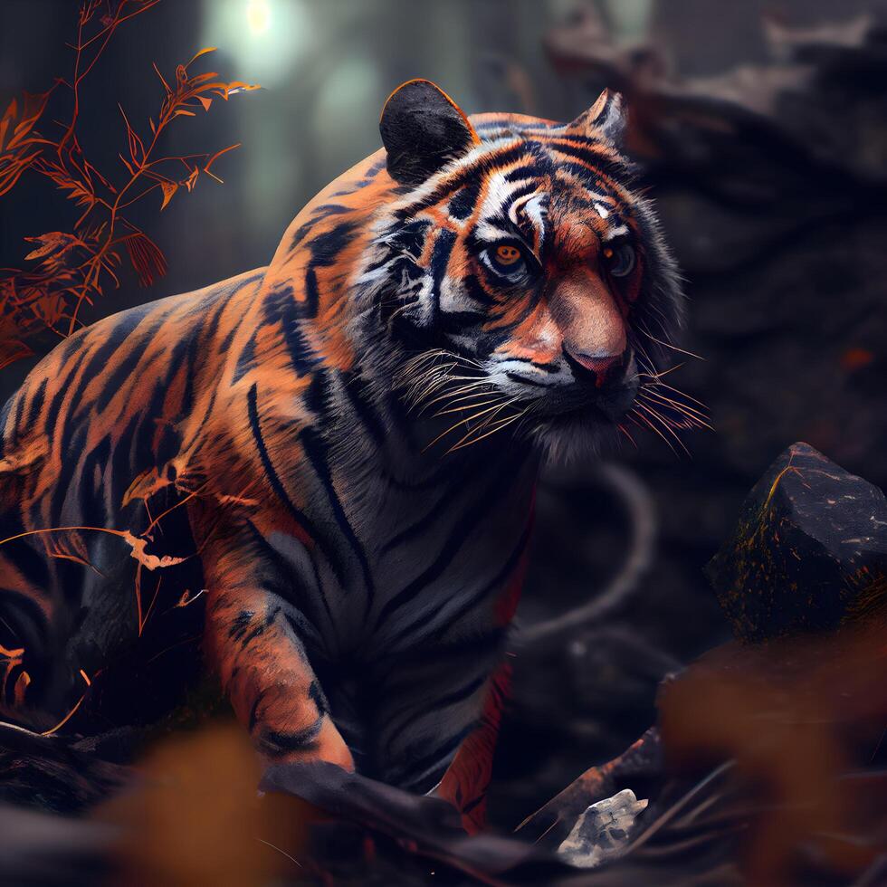 Tiger in the forest. 3D rendering. Digital painting., Ai ...