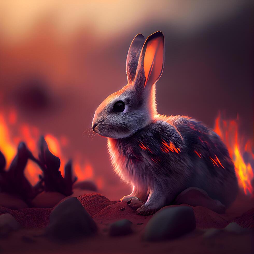 Rabbit in front of a burning fireplace. 3D rendering., Image photo