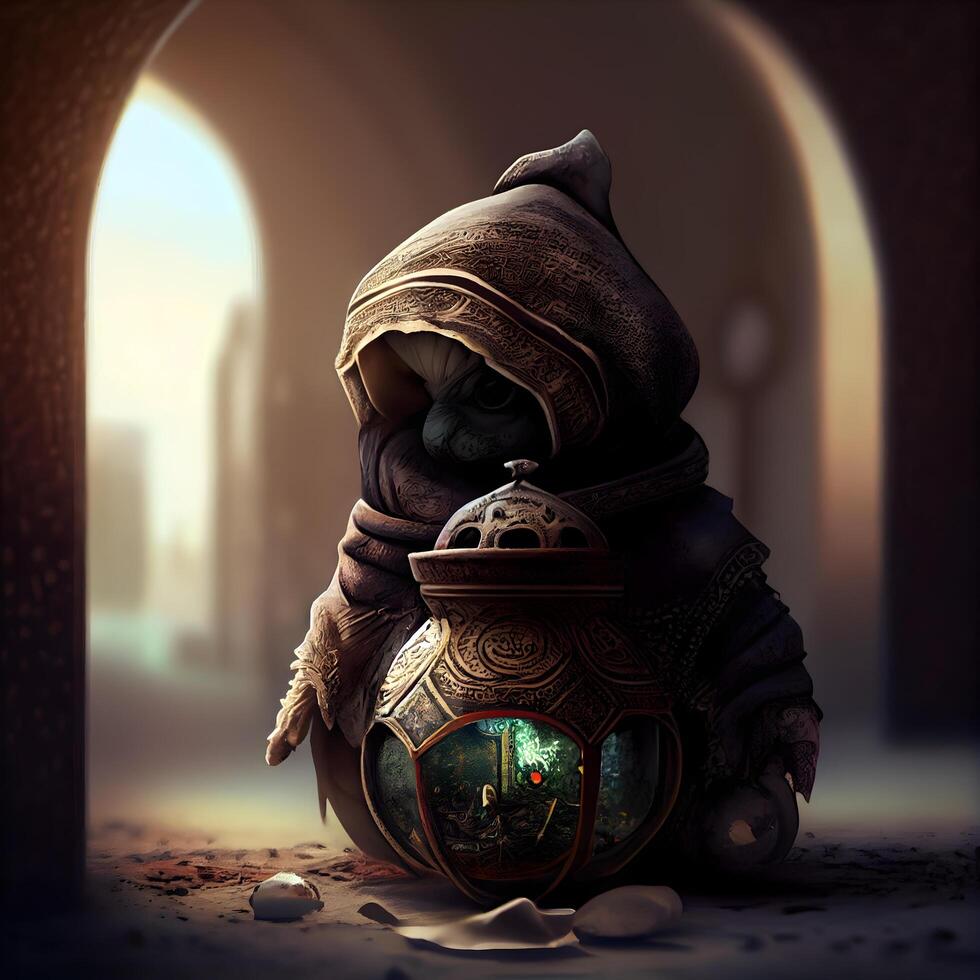 The old genie with a lamp in his hands. 3d rendering, Image photo