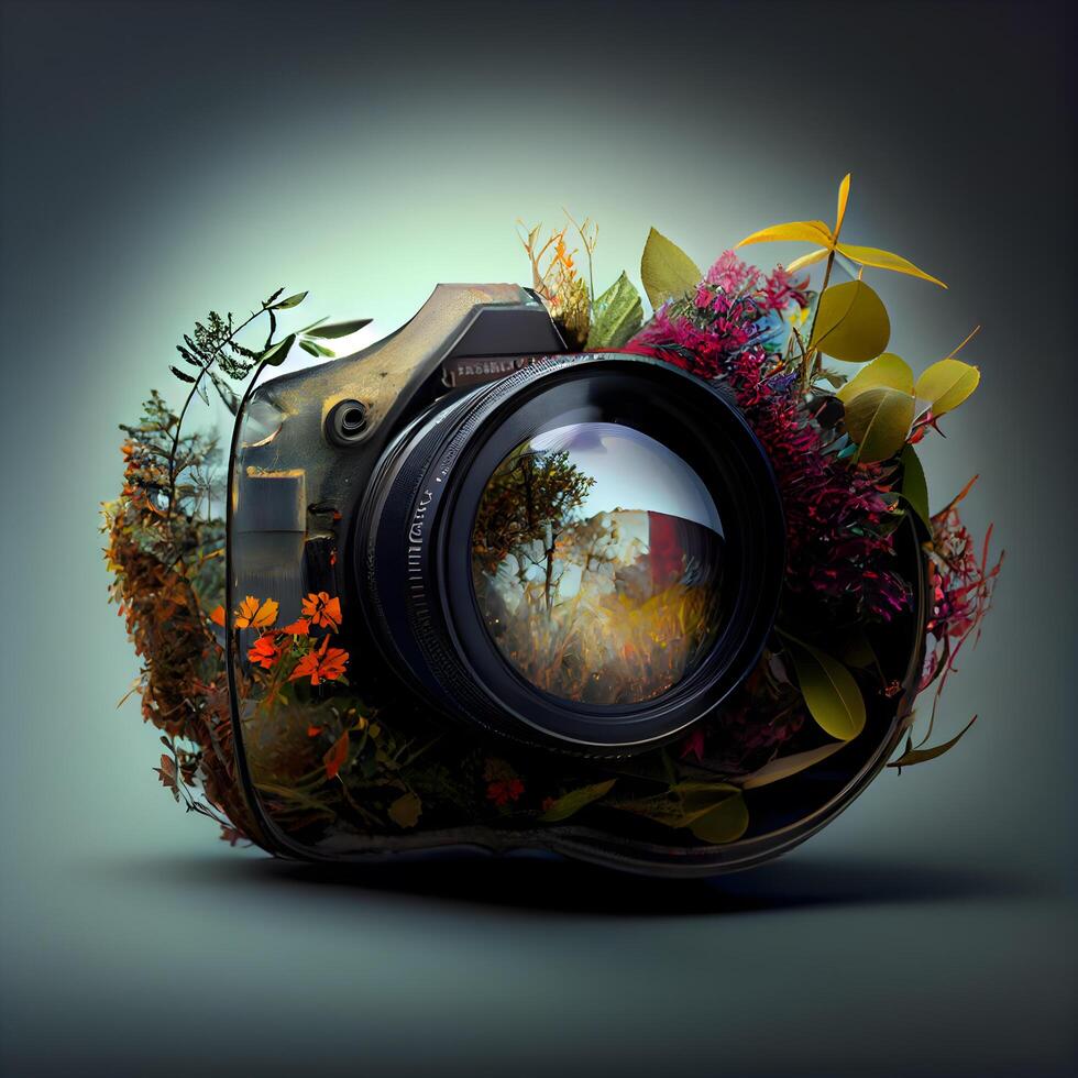 Retro camera with flowers and plants on dark background, 3d illustration, Image photo