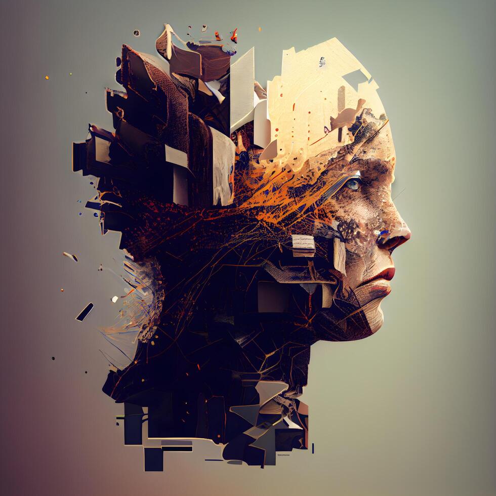 Abstract portrait of a female head made of cubes. 3d rendering, Image photo