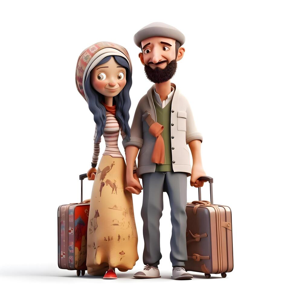 3D Render of a young muslim couple with backpack and hat, Image photo