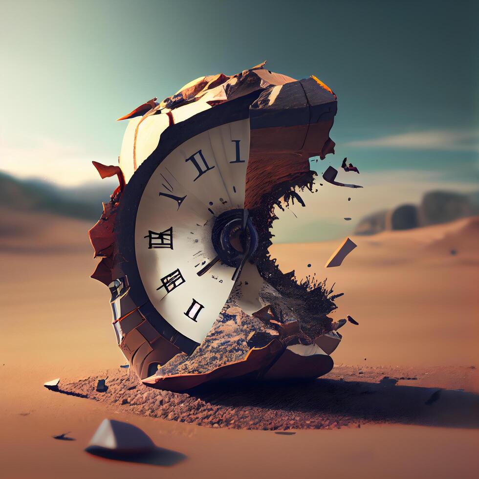 Time is running out concept. Clock in the desert. 3d rendering, Image photo