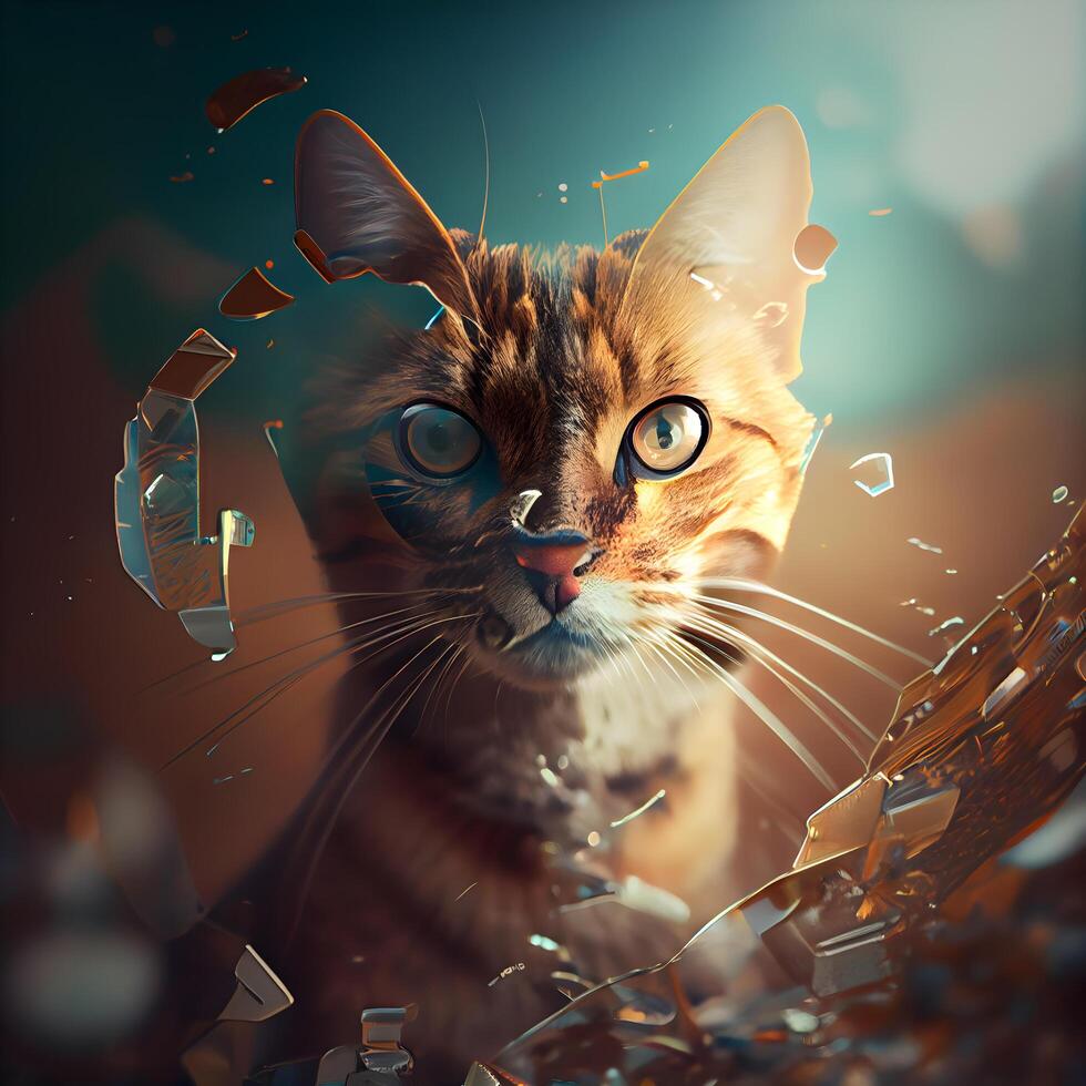 Funny cat with big eyes and broken glass. 3d rendering, Image photo