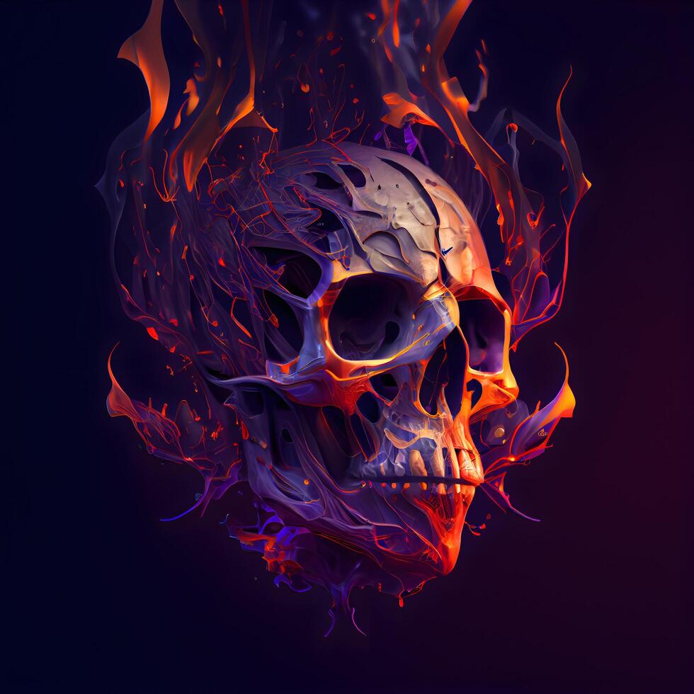 cráneo en fuego llamas Víspera de Todos los Santos antecedentes. 3d ilustración., ai generativo imagen foto