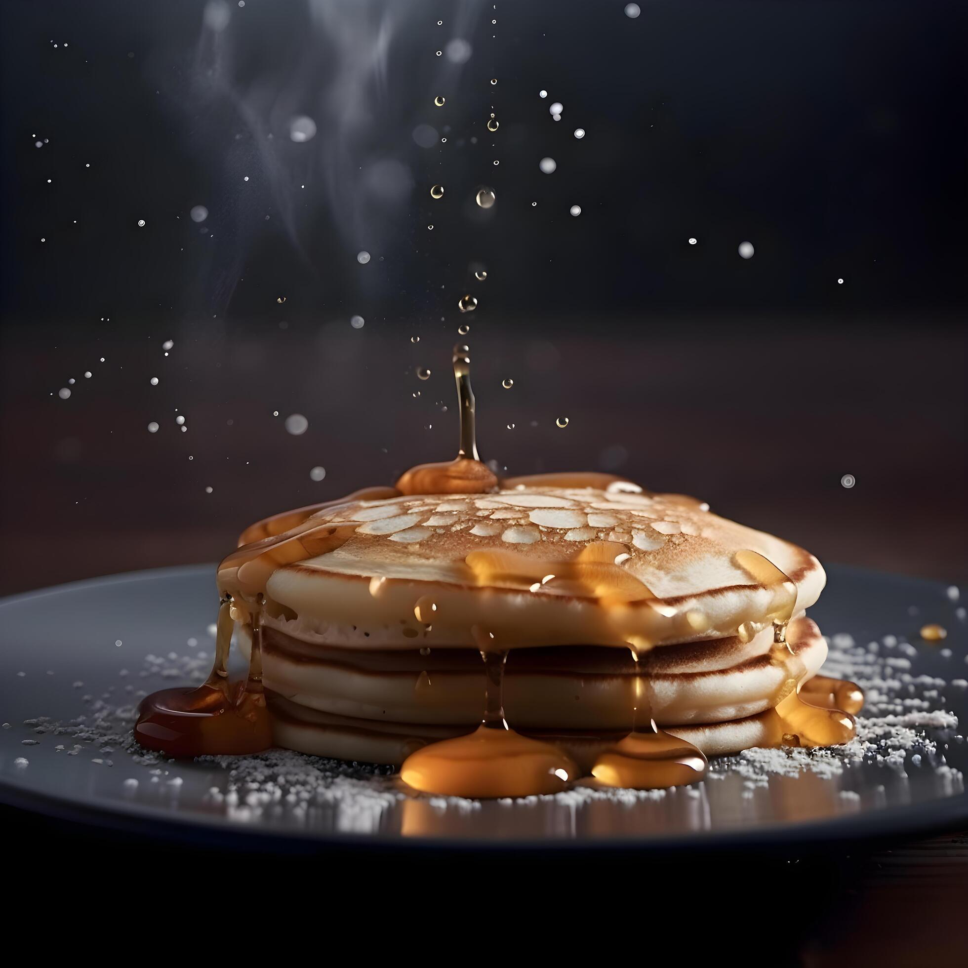 Pancakes falling and splashing with honey on a black background, Image