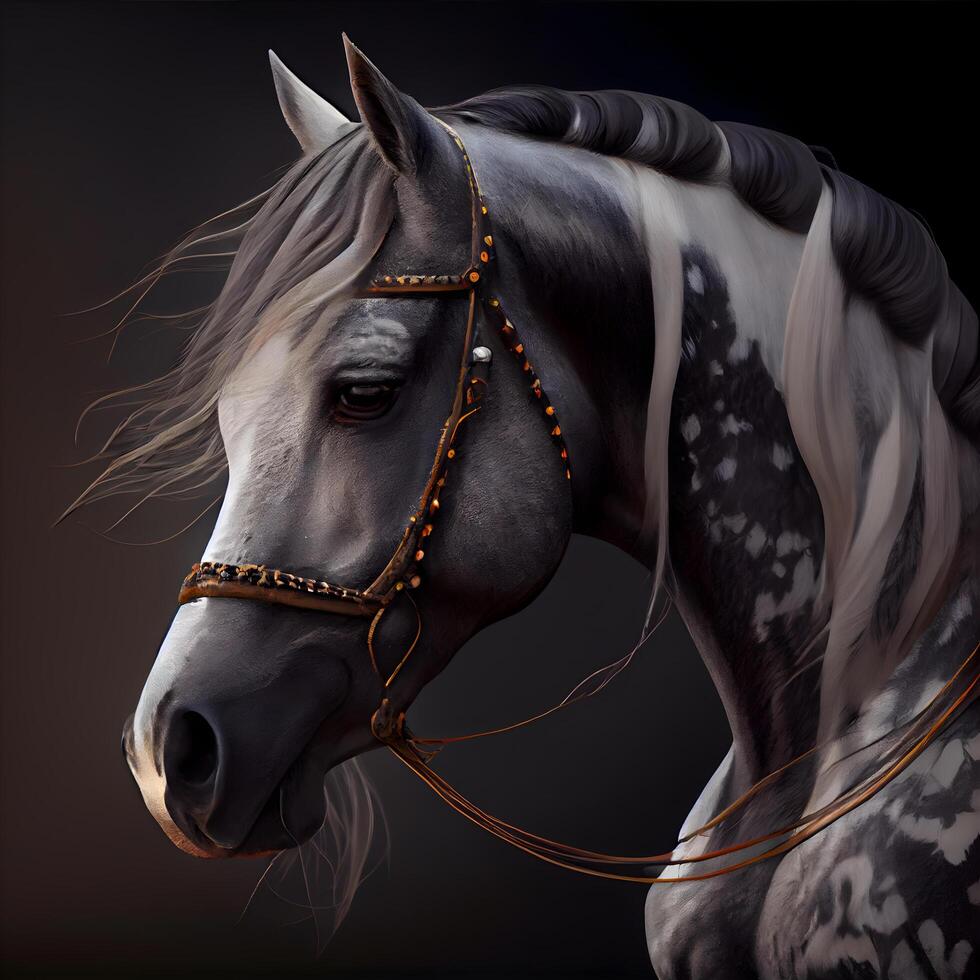 Beautiful white horse portrait on a black background. 3d rendering, Image photo